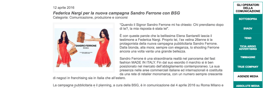 Federica Nargi per la nuova campagna Sandro Ferrone con BSG